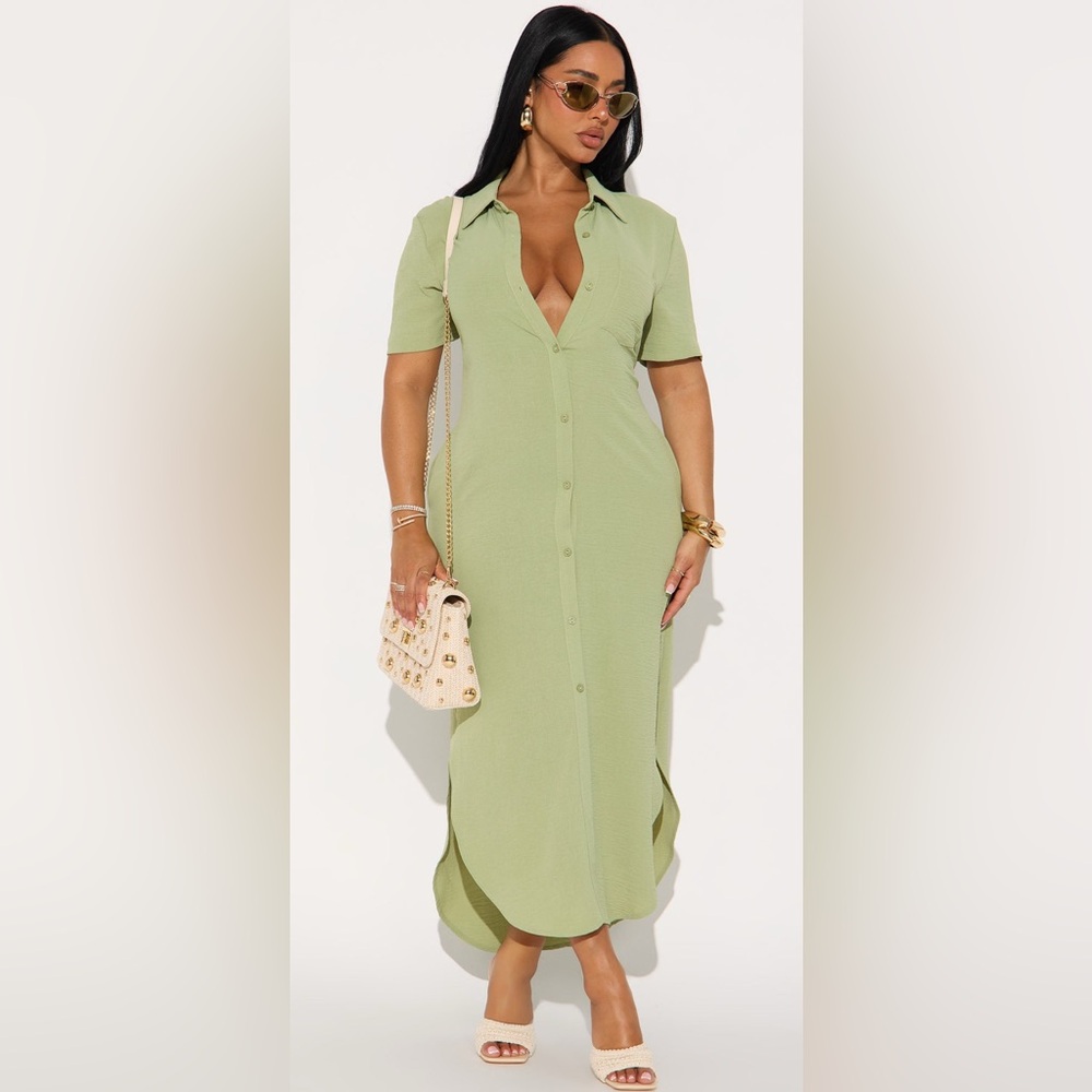 NEW Fashion Nova Green Sheath Midi Dress with Notched Collar